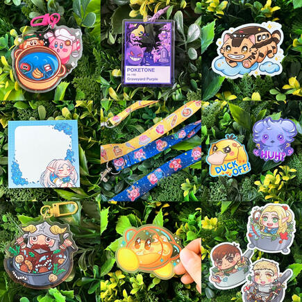 various merch of charms, stationary, and stickers