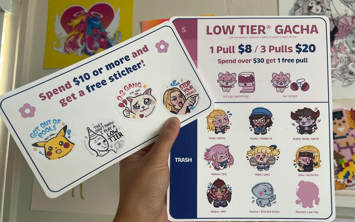 fighting game themed meme stickers and gacha charms of low tier characters